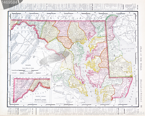 Image of Antique Vintage Color Map Maryland Delaware, USA