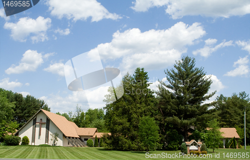 Image of Modern Church A Frame Roof, Lawn, Trees, Blue Sky
