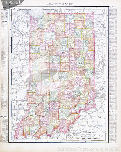 Image of Antique Vintage Color Map of Indiana, USA