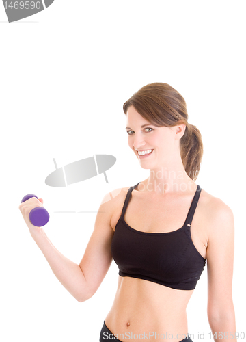 Image of Caucasian Woman Lifting Hand Weight Working Out White Background