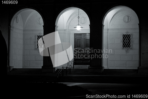 Image of Building Arches Groin Vaults at Night Black White