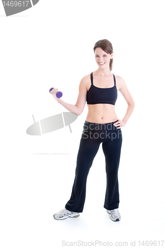 Image of Full Length Slender Smiling Caucasian Woman Working Out Hand Wei