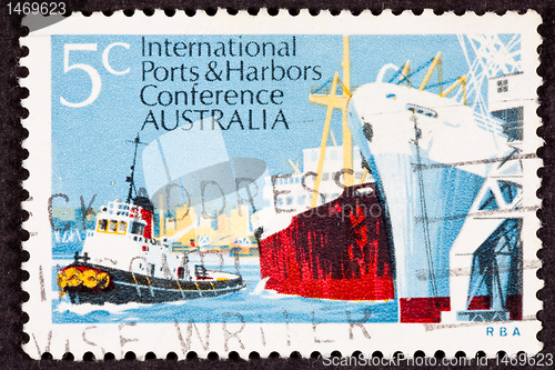 Image of Post Stamp Used Tug Freighter Ship Docked Harbor