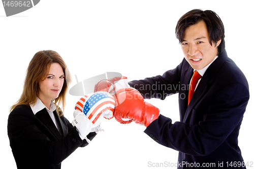 Image of Asian Man White Woman Boxing Gloves Suit Flag