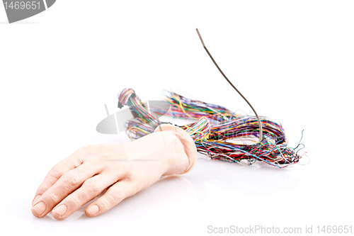 Image of Android Hand with Wires Coming Out on Isolated Background