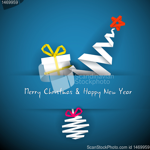 Image of Simple vector blue christmas card with gift, tree and bauble