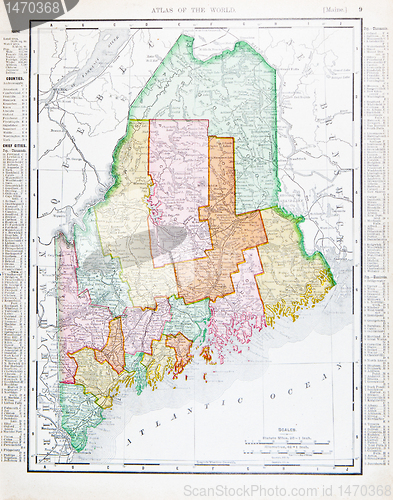 Image of Antique Vintage Color Map of Maine, Unites States