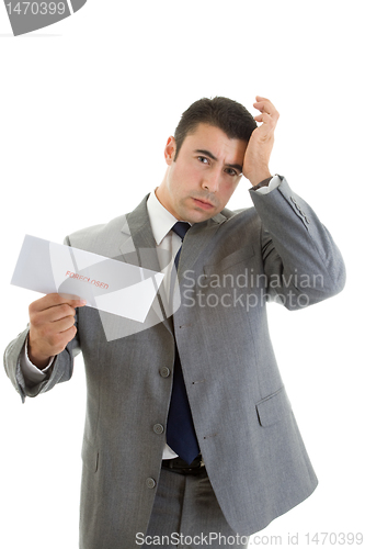 Image of Hispanic Man Hand Head Foreclosure Notice Isolated