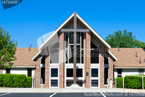 Image of Modern Church with Large Cross in Front