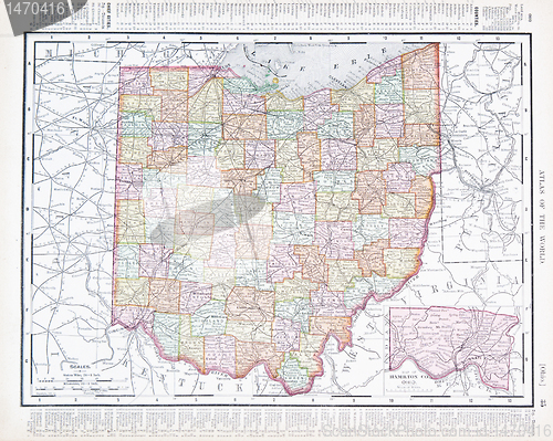 Image of Antique Color Map of Ohio, OH, United States USA