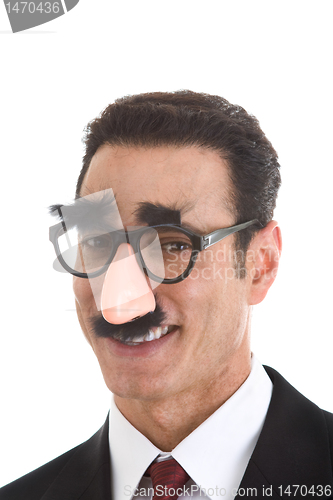 Image of Smiling Businessman Wearing Groucho Marx Glasses Isolated on Whi