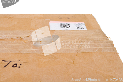 Image of Old Cardboard Box To Metered Mail Sticker Isolated