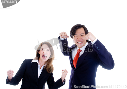 Image of Happy Business Team, Asian Man Caucasian Woman Cheering White Ba