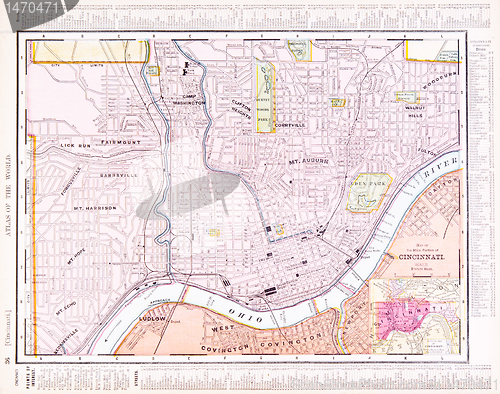 Image of Antique Color Street City Map Cincinnati Ohio, USA