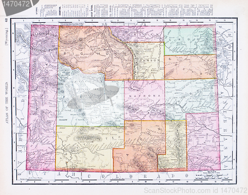 Image of Antique Vintage Color Map of Wyoming, USA