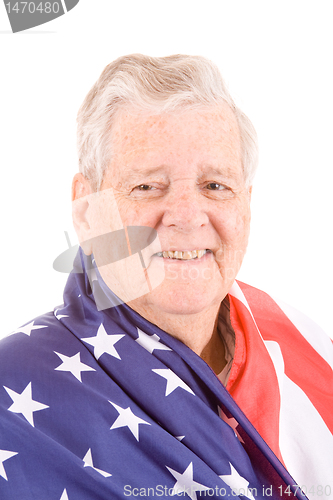 Image of Patriotic Senior Man Wrap American Flag Isolated