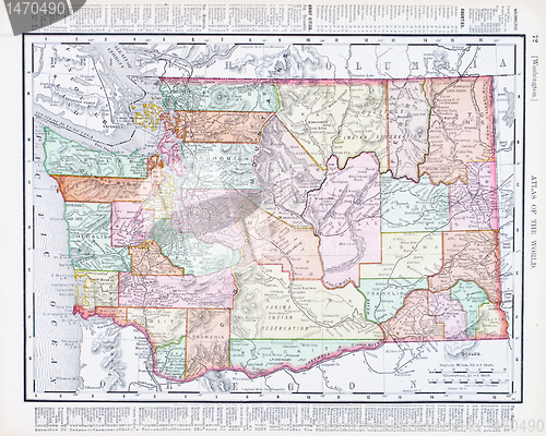 Image of Antique Vintage Color Map of Washington State, USA