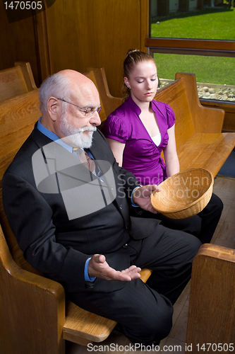 Image of Senior Grandfather Young Woman Church Empty Basket