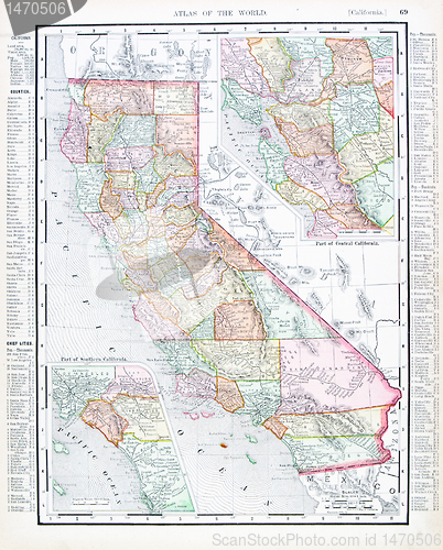 Image of Antique Color Map of California, United States USA