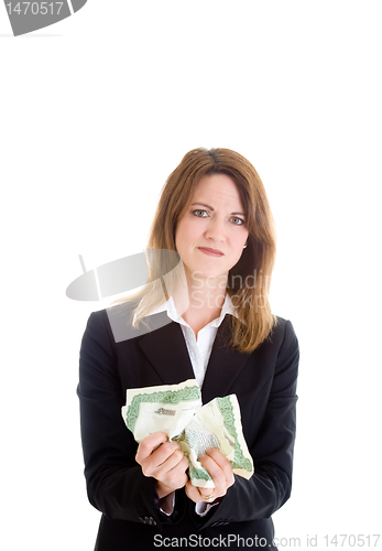 Image of Angry White Woman Crumpling a Stock Certificate, Isolated Backgr