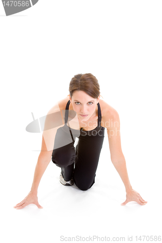 Image of Woman Runners Crouch, Ready to Sprint, Isolated