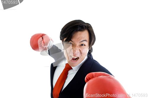 Image of Angry Asian Business Man Boxing Gloves Punching