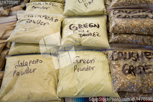 Image of Bags Green Chile Powder For Sale Market Stall New Mexico