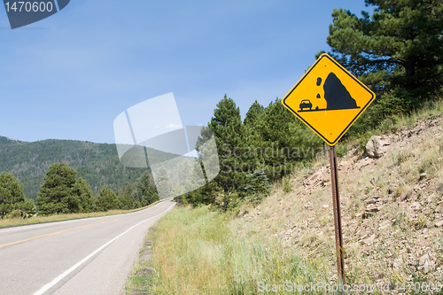 Image of Falling Rock Sign Along Country Road  Valles Caldera, New Mexico