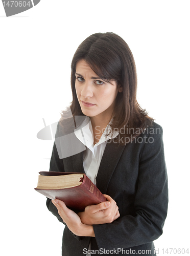 Image of Mournful Caucasian Woman Holding Bible Isolated White Background