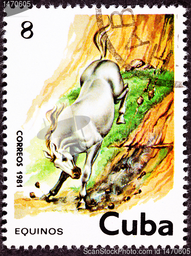 Image of Canceled Cuban Postage Stamp White Horse Running Down Steep Hill