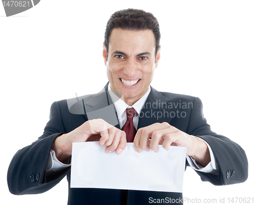 Image of Furious Caucasian Businessman Tearing Envelope Isolated on White