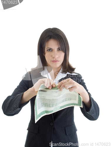 Image of Angry Caucasian Woman Tearing Stock Certificate Isolated on Whit