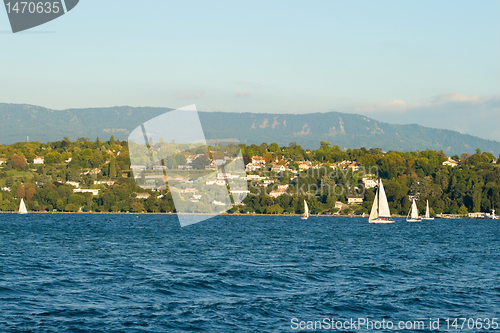 Image of Lake Geneva Switzerland Lakeside Sailboats and Homes