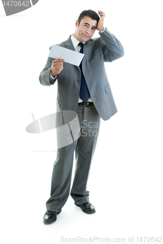 Image of Caucasian Hispanic Man Rubbing Head Holding Blank Envelope