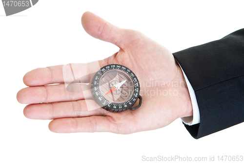 Image of Man's Hand Holding Clear Compass Isolated on White Background