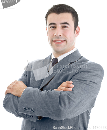 Image of Confident Hispanic Man Crossed Arms on White Background