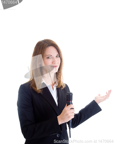 Image of Smiling Caucasian Woman Holding Wireless Microphone Gesturing Wh