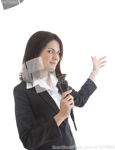 Image of Caucuasian Woman Holding Wireless Microphone Gesturing Isolated 