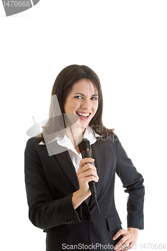 Image of Smiling Business Woman Wireless Microphone Isolated