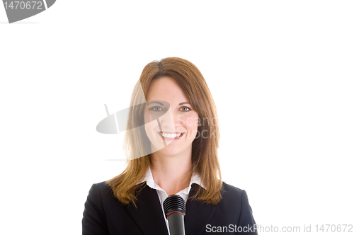 Image of Happy Caucasian Woman Smiling at Camera Holding Microphone