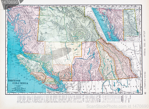 Image of Antique Vintage Color Map British Columbia, Canada