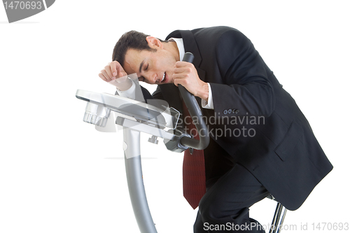 Image of Exhausted Businessman Riding Exercise Bike Isolated White Backgr