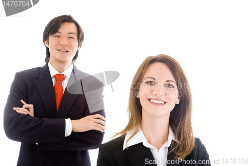 Image of Smiling Caucasian Business Woman, Asian Businessman Team, White 