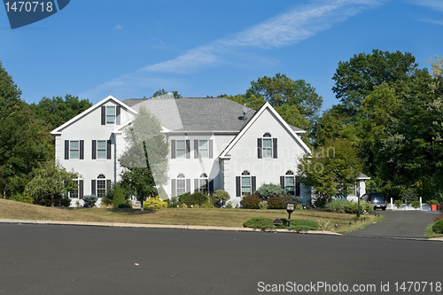 Image of Front of Large Single Family Home Street Pennsylvania Blue Sky