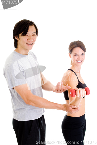 Image of Asian Man Instructing Woman Working Out, Isolated
