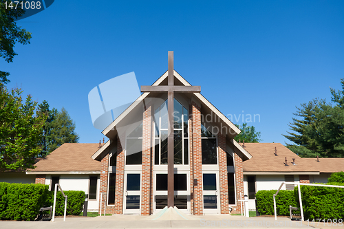 Image of Front Modern Church Big Cross Blue Sky 