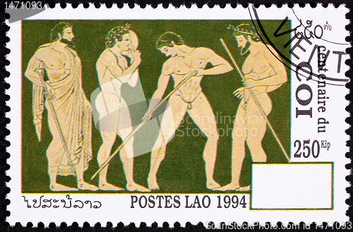 Image of Laos Postage Stamp Side View Nude Greek Athletes Laurel Wreath