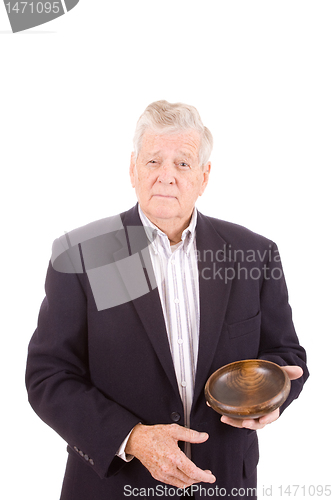 Image of Older Caucasian Man Holding Wooden Bowl, Isolated