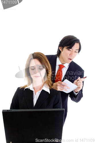 Image of Business Man Cheating Stealing Shoulder Surfing Woman