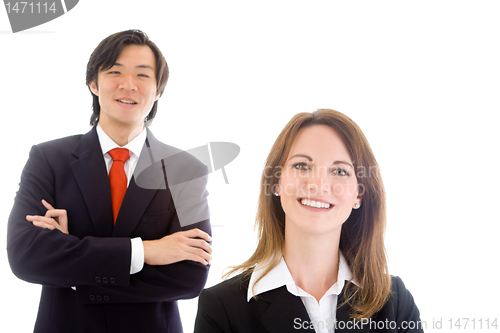 Image of Smiling Business Woman, Asian Businessman Team